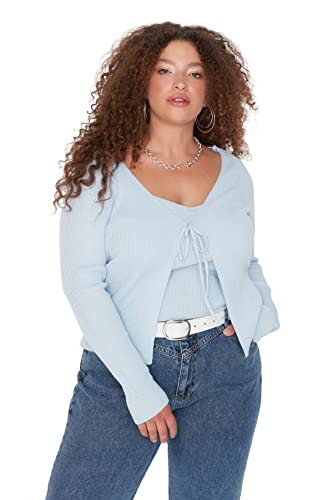 Trendyol Damski duży rozmiar regularny standardowy dekolt w serek dzianina kardigan plus size, NIEBIESKI, 3XL
