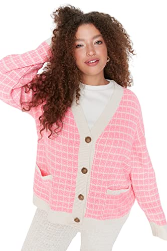 Trendyol Damski damski regularny standardowy dekolt w serek dzianina plus size kardigan sweter, różowy, 5XL duże Rozmiary