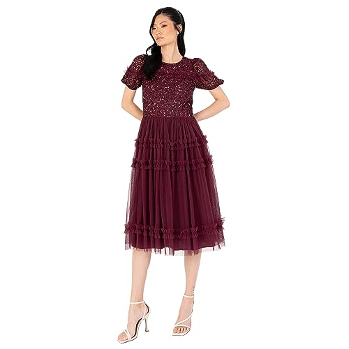Maya Deluxe Damska sukienka damska Midi Ladies Sequin Embellished Short Sleeve Ruffle for Wedding Guest Bridesmaid Occasion Evening Ball Gown Dress, Wine, 56