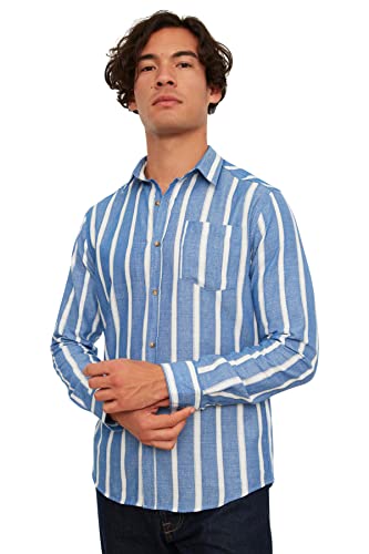 Trendyol Męska niebieska męska koszula slim fit, kołnierz koszuli, pojedyncza kieszeń, koszula w paski, niebieski, S
