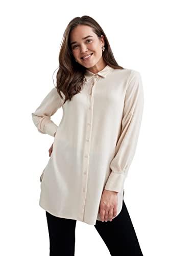 DeFacto Damska bluzka z długim rękawem, koszula z guzikami, do noszenia na co dzień, beżowy, S