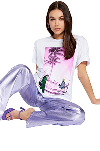 Trendyol Damska koszulka z dzianiny z okrągłym dekoltem i okrągłym dekoltem, biała, L, biały, L