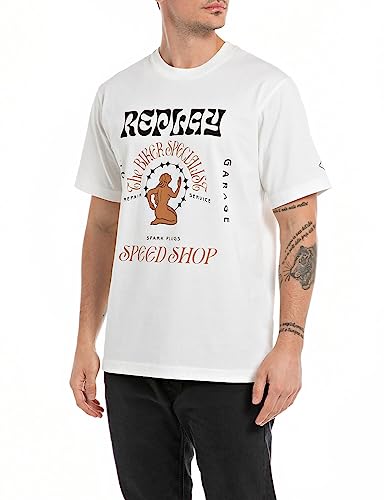 Replay Męski T-shirt z krótkim rękawem, okrągły dekolt, Speedshop, Natural White 011, XS