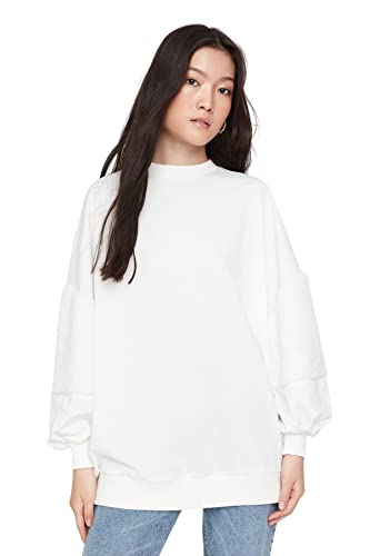TRENDYOL Damska bluza oversized basic, okrągły dekolt, dzianinowa, écru, M