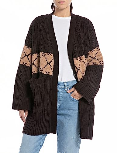 Replay Damska kurtka z dzianiny oversize, 010 Jacquard Deep Brown/Desert, XS