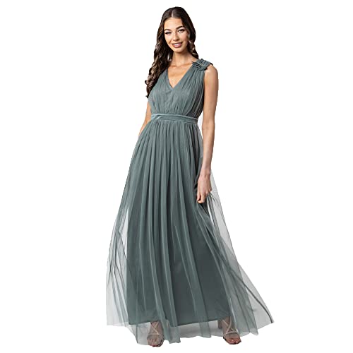 Maya Deluxe Damska sukienka maxi z falbanką na ramionach, druhna, Misty Green, 4