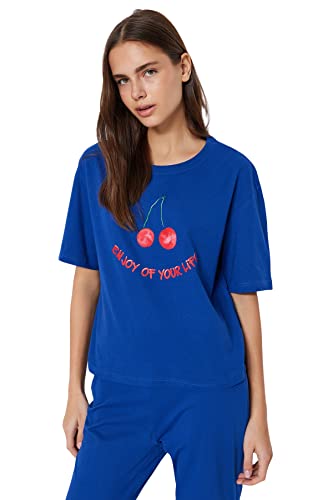 Trendyol Damska koszulka z dzianiny z sloganem - spodnie zestaw piżamowy, granatowy, XL, granatowy, XL
