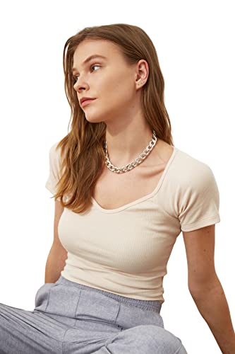 Trendyol Damska bluzka z dzianiny Basic Sweetheart, BEŻOWY, L