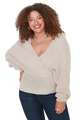 Trendyol Damska bluza z kołnierzykiem jednokolorowa dwurzędowa plus size, kamień, 4XL, KAMIEŃ, 4XL