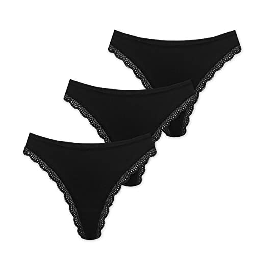 Marilyn Poupée Infinity stringi z bawełny z obszyciem koronkowym, czarne, rozmiar XL, 3 sztuki w opakowaniu, czarny, XL