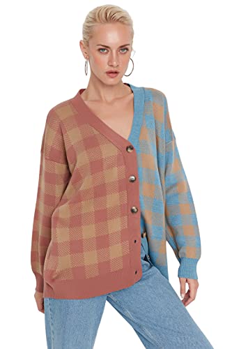 Trendyol Damski kardigan z dzianiny oversize z dekoltem w serek, wielobarwny, M