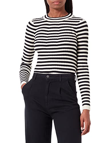 PIECES Pccrista Ls O-Neck Knit Noos Bc sweter damski, Czarne/paski: z brzozowymi paskami M, XXL