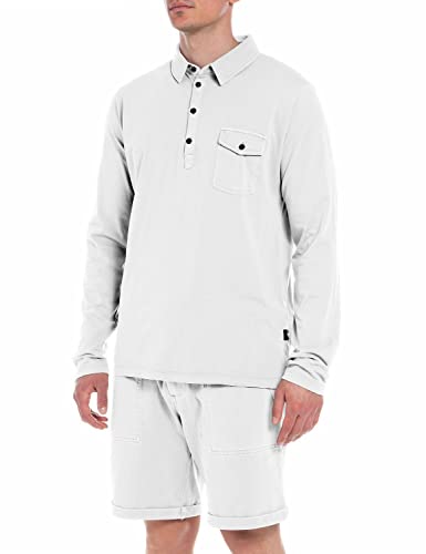 Replay Męska koszulka polo z długim rękawem z bawełny, 001 White, XL