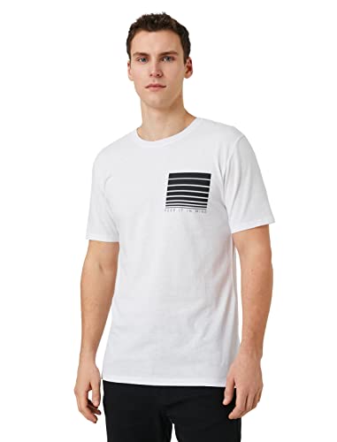 Koton Męski T-shirt z okrągłym dekoltem Slim Fit z nadrukiem z krótkim rękawem, biały (000), S