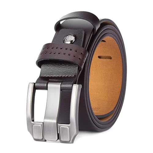 BISON DENIM Pasek męski, pasek skórzany, pasek dżinsowy, biznesowy, metalowy, retro, denim, dla mężczyzn, odzież o szerokości 38 mm, z pudełkiem na prezent, N71018-1cm-kawa, 43/45W x 51L