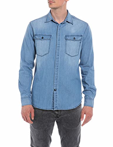 Replay Męska koszula dżinsowa z długim rękawem z bawełny, 009 Medium Blue, M