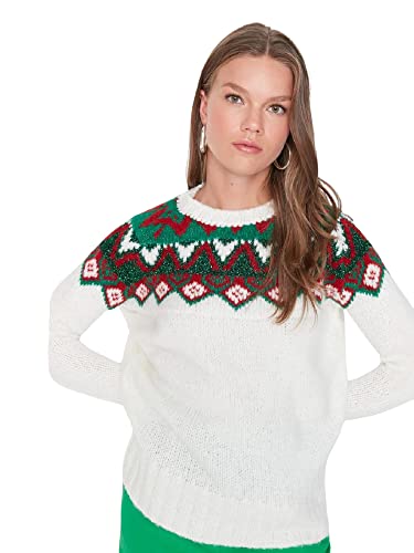 Trendyol Damska bluza z okrągłym dekoltem geometryczny wzór regularny sweter bluza, Ecru, L