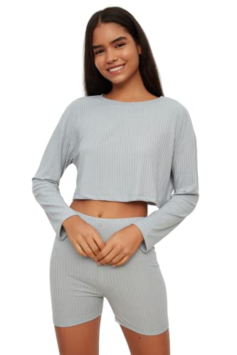 Trendyol Damska koszulka z dzianiny średniej — obcisła piżama zestaw, NIEBIESKI, XXL