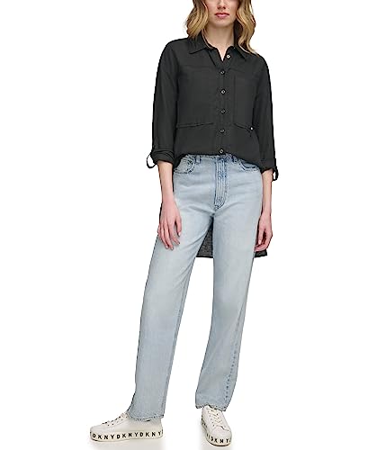 DKNY Women's Long Sleeve Roll Tab High Low Top, Black, XL, czarny, XL