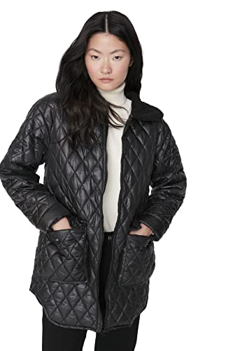 Trendyol Damska koszula z kołnierzykiem, jednokolorowa, oversize, kurtka zimowa, czarny, S, Czarny