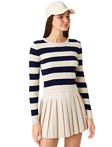 Koton Crop Stripe Crew Neck Long Sleeve Ribbed sweter damski, Navy Stripe (7s0), XS