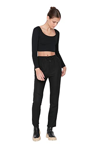 Trendyol Damskie spodnie dresowe o normalnej talii z prostymi nogawkami, Czarny, L