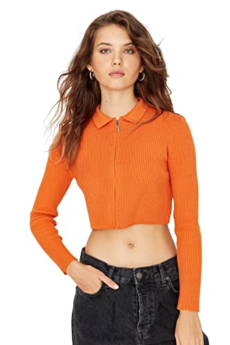 Trendyol Damski sweter z dekoltem polo gładki wąski kardigan, pomarańczowy, M, pomarańczowy, M