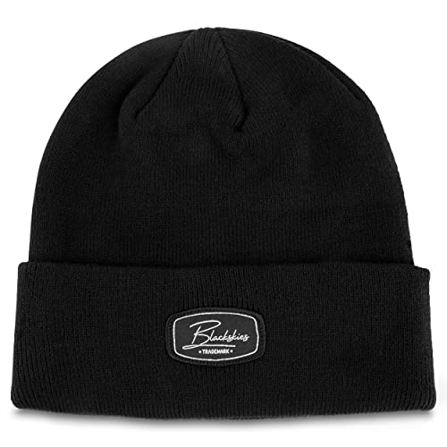 Blackskies Razor Beanie | męska damska czapka zimowa czapka wełniana czapka dzianinowa melanżowa czarna szara naszywka, czarny, jeden rozmiar