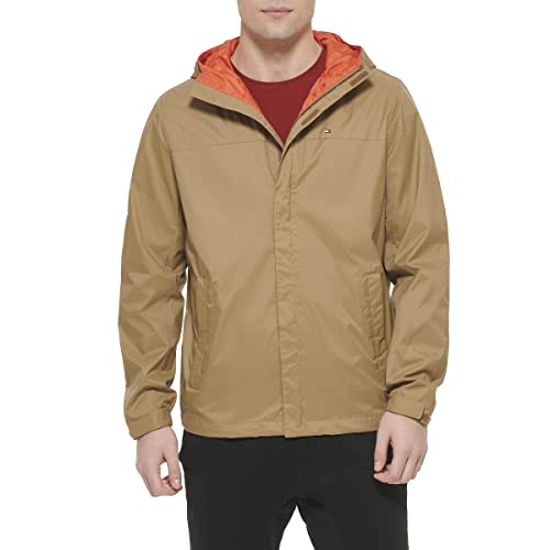 Tommy Hilfiger Męska wodoodporna oddychająca kurtka z kapturem płaszcz przeciwdeszczowy, Khaki, XL