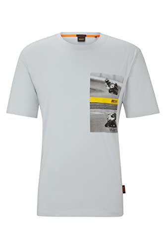 BOSS Męski t-shirt TeeMotor Relaxed-Fit z bawełny z nadrukiem motocyklowym, Light/Pastel Grey50, S