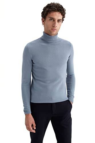 DeFacto Męski sweter z dzianiny z długim rękawem okrągły dekolt - slim fit sweter dla mężczyzn topy (LT.Blue, M), niebieski, M