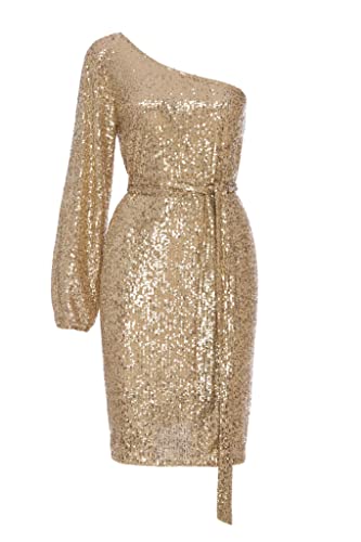 Swing Fashion Marley minisukienka damska, elegancka sukienka, odświętna, sukienka na imprezę, sukienka wieczorowa, sukienka ślubna, krótka sukienka, brokatowa, seksowna, na jedno ramię, złoto, M