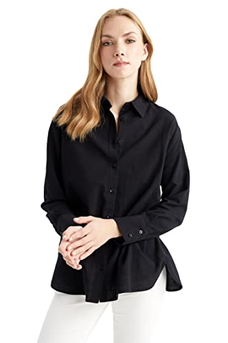 DeFacto Koszula damska z tkaniny bawełnianej z długimi rękawami, czarny, XS