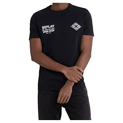 Replay T-shirt męski z krótkim rękawem z nadrukiem, 098 BLACK, L
