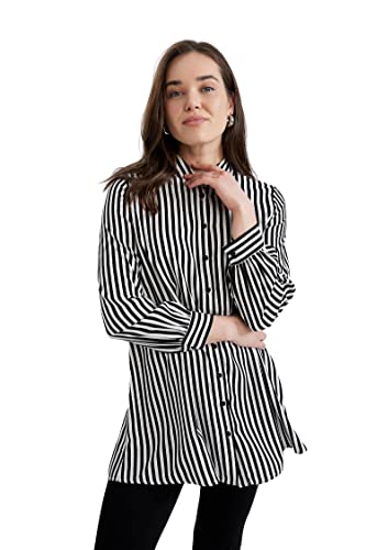 DeFacto Damska bluzka z długim rękawem, koszula z guzikami, do noszenia na co dzień, czarny, L