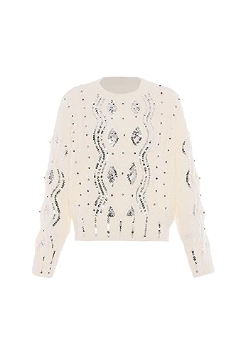faina Damski sweter z dzianiny z cekinami, wełniany, biały, rozmiar M/L, biały (wollweiss), XL