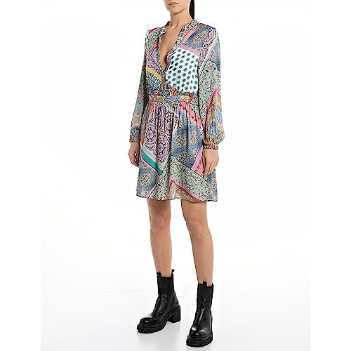 Replay Damska sukienka mini, 010 Black/Multicolor, XL