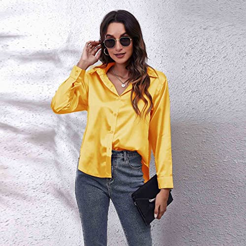 Clotth Damska koszula z długim rękawem z satynowego jedwabiu Button Down Shirt, L, L