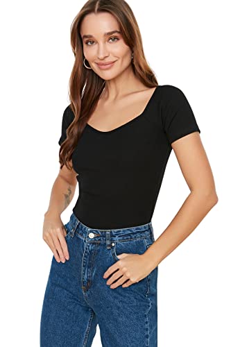 Trendyol Damska dopasowana bluzka z dzianiny Basic Sweetheart, Czarny, S