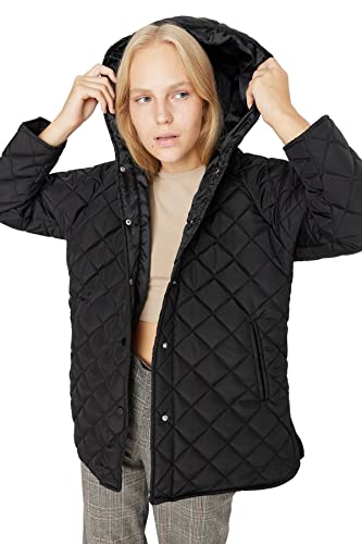 Trendyol Damska kurtka oversize z kapturem, tkana kurtka wierzchnia, Czarny, XS
