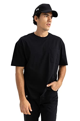 DeFacto Męski t-shirt oversize z krótkim rękawem - Basic okrągły dekolt T-shirt dla mężczyzn, czarny, L