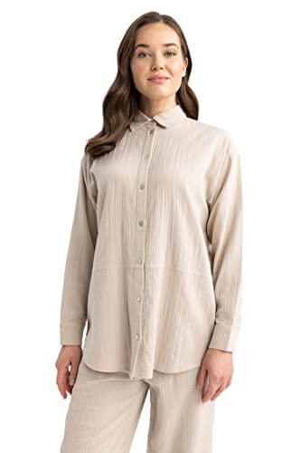 DeFacto DeFacto koszula damska z długim rękawem i guzikami, do noszenia na co dzień, Sand, L-XL