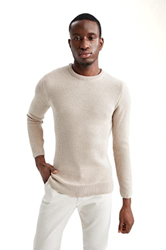 DeFacto Męski sweter z dzianiny z długim rękawem, okrągły dekolt, slim fit dla mężczyzn, topy (piaskowy, L), Sand, L