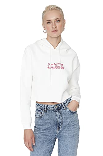 Trendyol Bluza damska z kapturem z sloganem Crop, Ecru, XL, Ecru