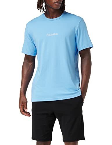 Calvin Klein Męski top od piżamy z okrągłym dekoltem S/S, Signature Blue, S, Niebieski podpis, S