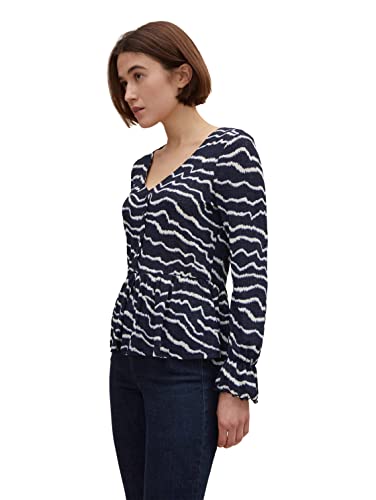TOM TAILOR Denim Damski T-shirt bluzka z falbaną 1030176, 28945 - Navy Structure Print, XS