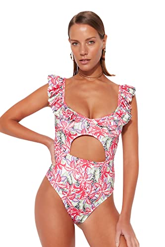 Trendyol Damski strój kąpielowy z dzianiny kwiatowej, różowy-wielokolorowy, 34, Różowy-wielokolorowy, 38