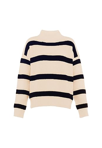 Blonda Damski sweter w paski, prosty dziergany sweter z długim rękawem, akryl, wełna, granatowy, rozmiar XL/XXL, Wełniana biel morska, XL