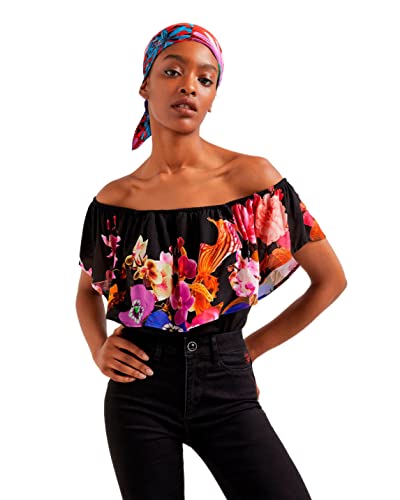Desigual Damska koszulka z motywem kwiatowym, czarny, XS