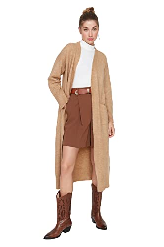 Trendyol Damski kardigan z dzianiny oversize z dekoltem w serek, Wielbłądzi, S
